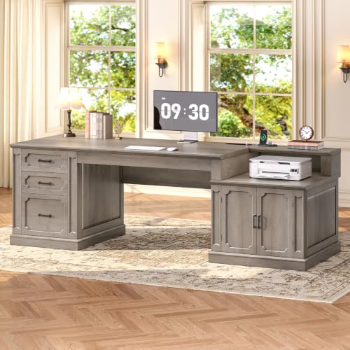 Image of SEDETA Farmhouse 70.9 inch Executive Desk, Home Office Desk with File Drawers and Storage Cabinet, Computer Desk with Power Outlet for Home Office, Work Study Writing, Gray