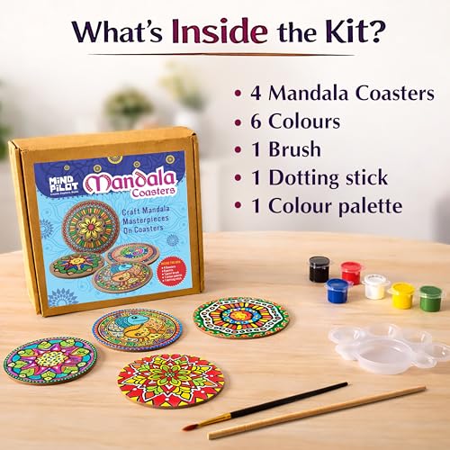 Image of Mind Pilot DIY Mandala Coaster Painting Kit - 4 Pre-Marked MDF Coasters with 6 Paints, Brush, Dotting Tool & Palette | Art & Craft Activity for Kids, Teens & Adults | Birthday & Return Gift Set