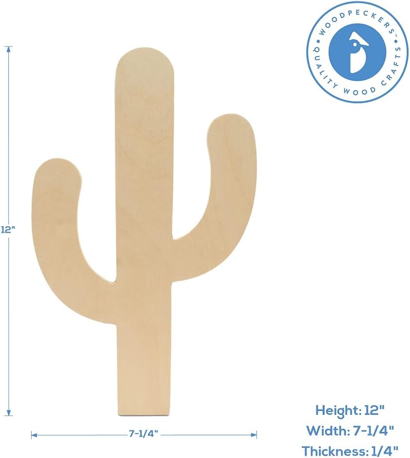 Unfinished Wooden Cactus Cutout, 12", Pack of 5 Wooden Shapes for Crafts and Summer Decor and Crafting, by Woodpeckers
