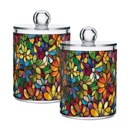 GAIREG Paquete de 2 dispensadores de almacenamiento de hisopos de algodón con diseño de flores de vidrieras, frascos de boticario, frascos de baño y cepillo