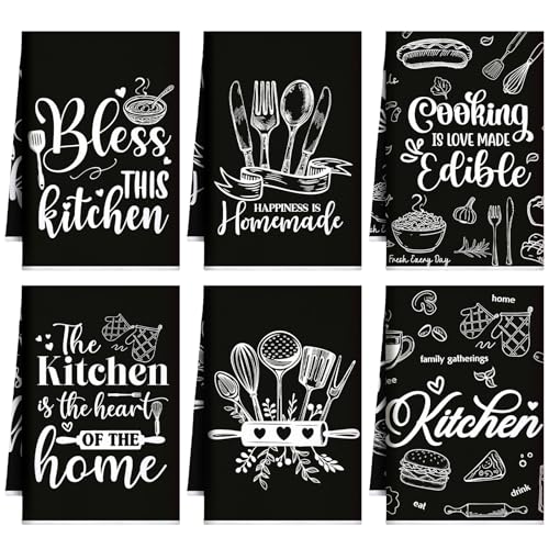 Image of Bencailor 6 Pcs Black Kitchen Towels Decorative Sets Dish Towels Absorbent Fast Drying Hand Tea Vintage Hanging Reusable Cleaning Dishcloths for Cooking Farmhouse Bathroom Accessory