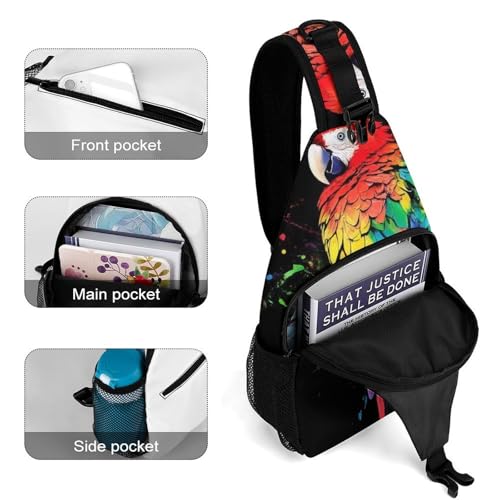 Portable Sling Bag for Travel, Women Men Funny Beautiful Parrot Splash Ink Art Large Capacity Breathable Crossbody Bags, Casual Sports Chest Bag4