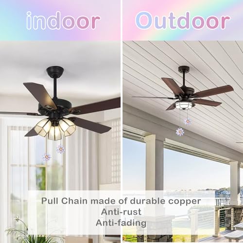 Image of 2Pcs Crystal Ceiling Fan Pull Chains, 1.8 inch Crystal Glass Flower Pendants with 25 inch Ceiling Fan Chain Extender and Connector, Rainbow Fan Pull Decorative for Bathroom Toilet Light Ceiling