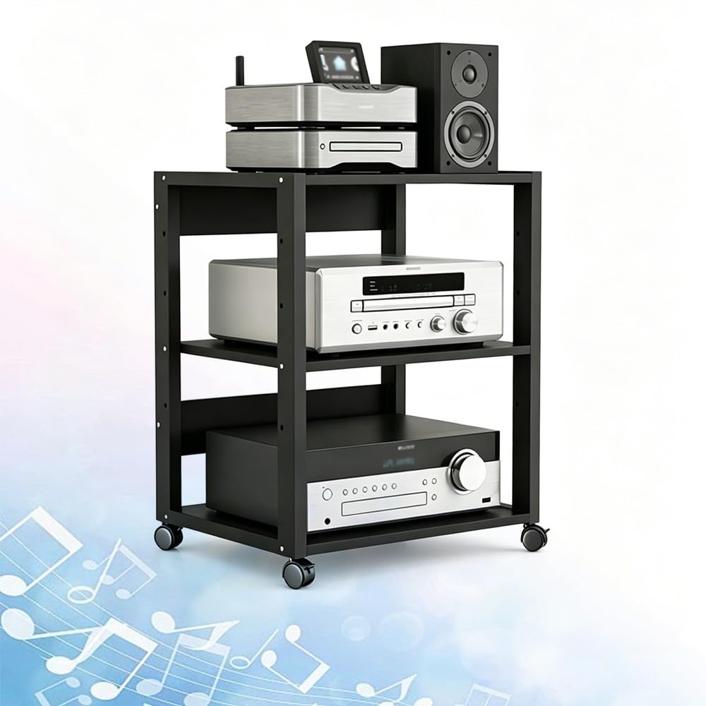 Stojak na media AV z 3/4 poziomami, wieża audio do systemów stereo z regulowanymi półkami, stojak na kino domowe na odtwarzacze CD, gramofony i odbiorniki stereo (czarny, 3-poziomowy)