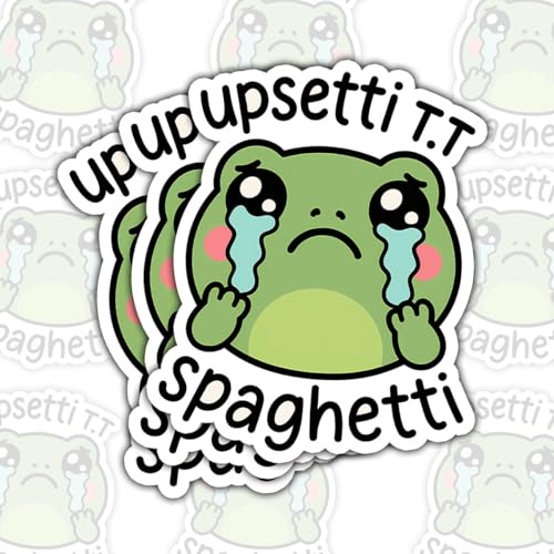 (3 Pcs) Upsetti Spaghetti Sticker – Crying Cute Frog Meme Vinyl Decal Funny Emotional Quote Waterproof for Laptop, Water Bottle, Journal, Tumbler – Gift for Teens and Frog Lovers – 3 Inch