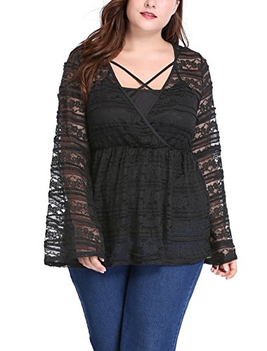 uxcell Women's Plus Size Sheer Lace Babydoll Top w Camisole Sets 2X Black
