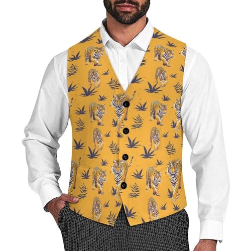 Animal Tigers Print Men's Suit Vest Waistcoat Vests Formal Dress with 2 Pockets for Business Casual Tuxedo
