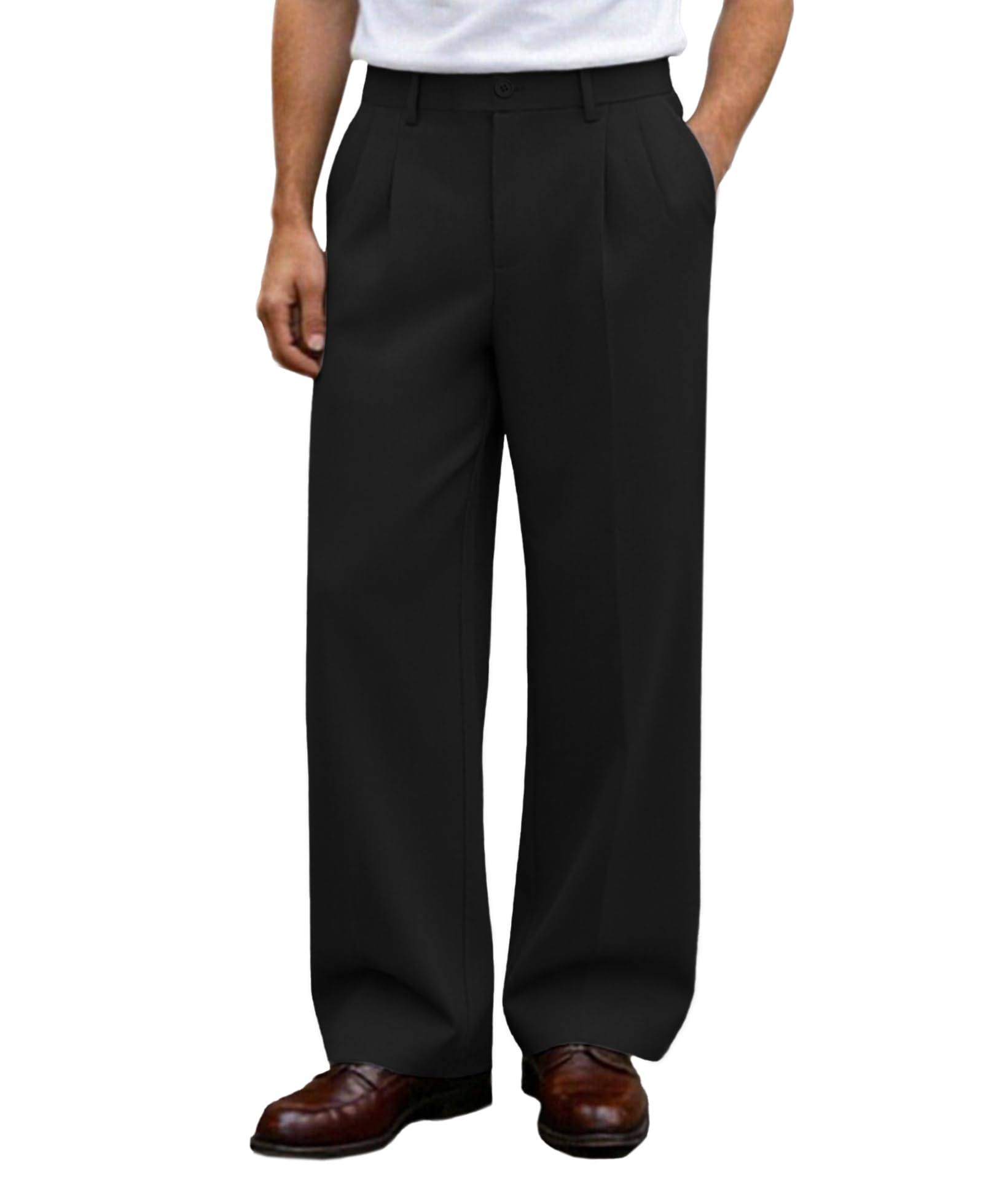 Susclude Mens Casual Dress Pants Old Money Pleated Baggy Wide Leg Slacks Vintage Stylish Relaxed Fit Work Trousers