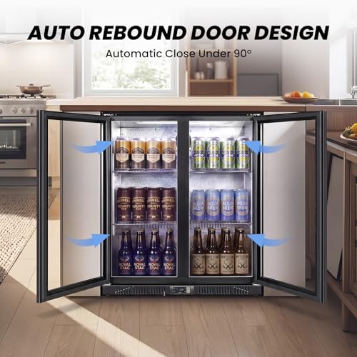 Image of 35.42 inch W Commercial Under Counter Beverage Refrigerator, 2 Glass Door Back Bar Cooler, Built-in /Freestanding 7.4Cuft Drink Fridge with LED Light, Auto Defrost, Low-E Glass & Safety Lock, Rebound door