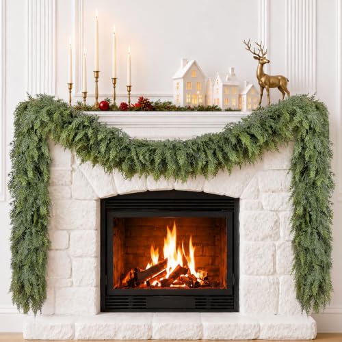 9FT Christmas Cedar Garland, Real Touch Soft Greenery Christmas Decorations | Realistic Thick Full Lush Artificial Pine Winter Garland for Mantle, Stairs, Table, Window, Front Door, Indoor Home Decor - image 1