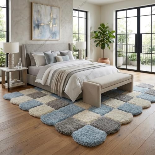 Image of SWEET HOMES Irregular Carpet Handwoven Shaggy Checkered Area Rug | Ultra Soft Plush Anti-Skid Backing, 12 x 15 Feet (366 x 457 cm), Blue & Grey
