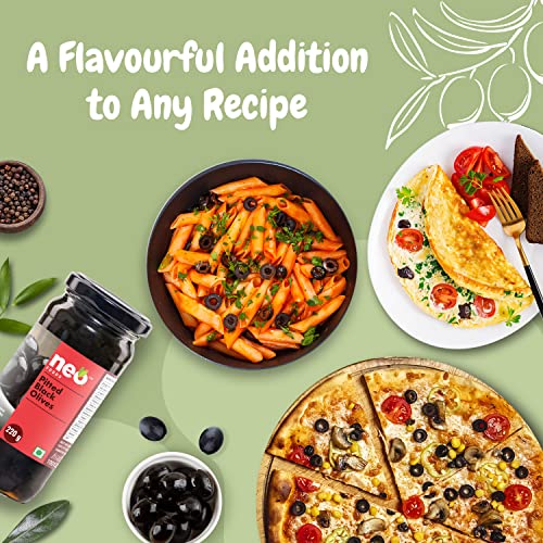 Image of Neo Pitted Black Olives 450g l 1 Jar l Low Fat Ready-to-Eat Healthy Snack, Source of Fibre l Enjoy as Topping for Pizza & Pasta l 450g