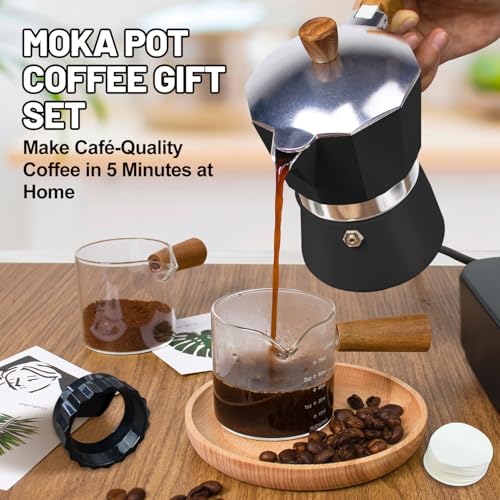 Image of 4-in-1 Moka Pot Espresso Set with Electric Stove 3 Cup Aluminum Stovetop Coffee Maker Percolator Italian Classic Mocha Coffee Machine with Powder Dispenser Filter Paper Portable Camping Black