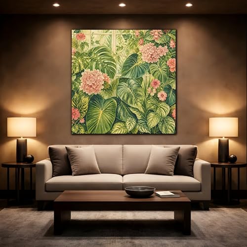 Toile tropicale salon chic : décoration murale au-dessus du canapé