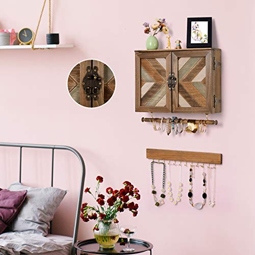 Sunix Wooden Jewelry Organizer Wall Mounted Rustic Jewelry Holder With Wooden Barn Door For Necklaces Earrings Bracelets Ring, And Removable Bracelet Rod With Hooks Organizer For Hanging Jewelry #TOP4