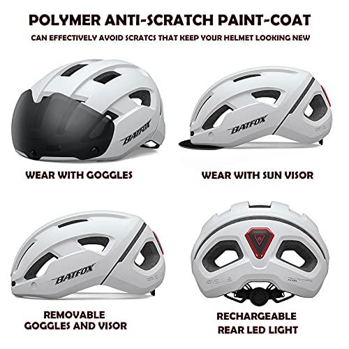 Batfox Bike Helmet Adults Mens Womens Bicycle Helmets Casco Bicicleta Street Urban Commuter Road Cycling Helmet With Rechargeable Led Light Visor Portable Backpack (White-(Lens+Cloth Visor)) #TOP1