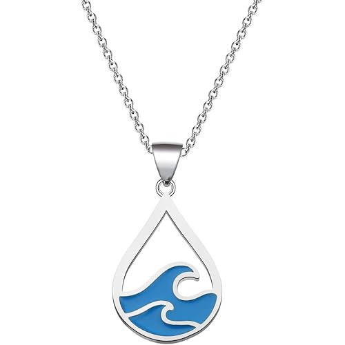 FEELMEM Ocean Wave Necklace Blue Wave Ocean Beach Sea Drop Shape Pendant Necklace Surfer Wave Jewelry Beach Lover Gift