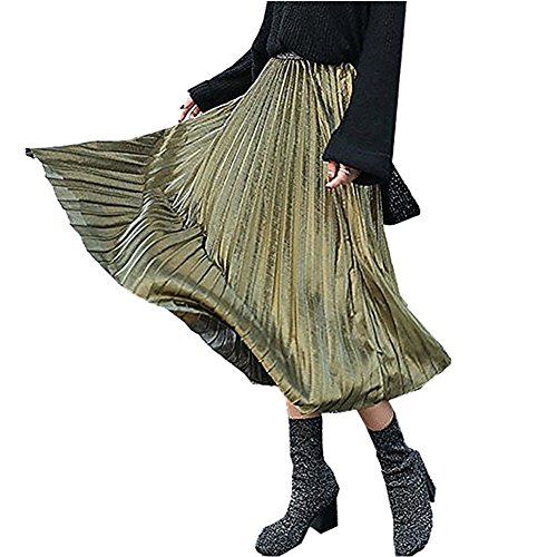 MUMUBREAL Women's Vintage Velvet Pleated High Waist Midi Calf A-line Skirt Navy Green