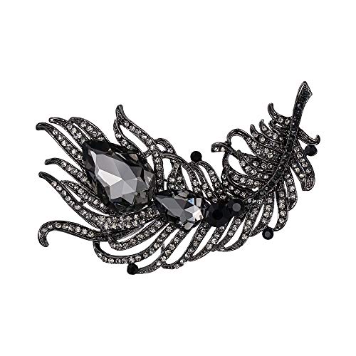 EVER FAITH Broches Alfileres Cristal Austr�aco 4 Inch Pluma de Pavo Real L�grima Tono Negro
