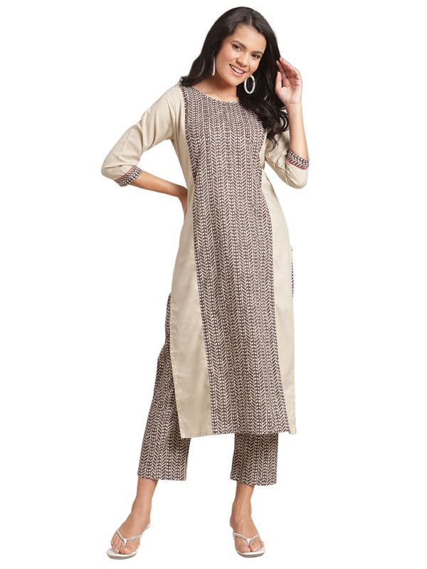 Varanga Women Beige And Charcoal Panel Printed Kurta With Printed Trouser.
