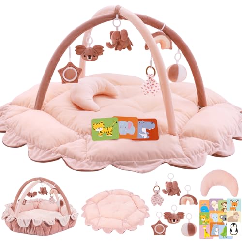 Image of 5-in-1 Plush Baby Play Gym, Activity Mat with Convertible Gym and Pillow, 6 Sensory Toys, Play Center from Newborn to Toddler, Pink