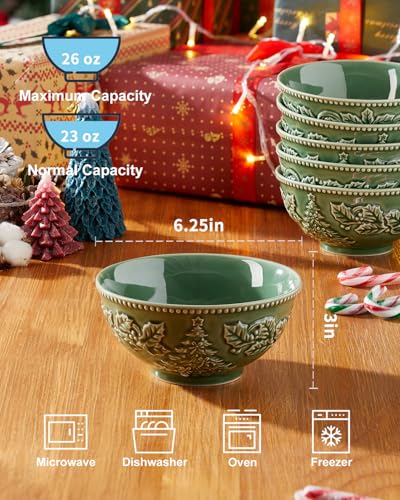 Metahom Christmas Tree Ceramic Bowls, 26 Oz Cereal Bowls for Kitchen, Green Embossed Soup Bowls for Dessert, Salad, Ice Cream, Dishwasher and Microwave Safe, Set of 6