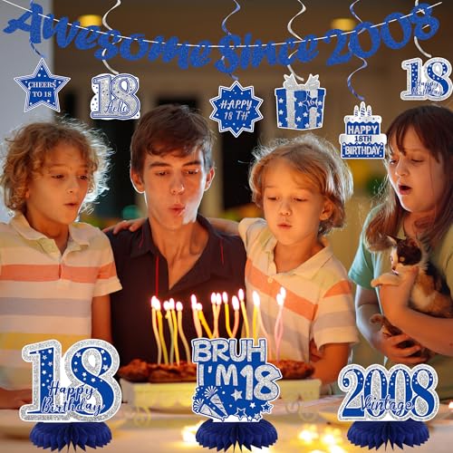 Image of Crenics Blue 2008 18th Birthday Decorations for Boys | Awesome Since 2008 Banner, Bruh I'm 18 Banner, Honeycomb Centerpieces and Hanging Swirls for 18 years old Party Supplies