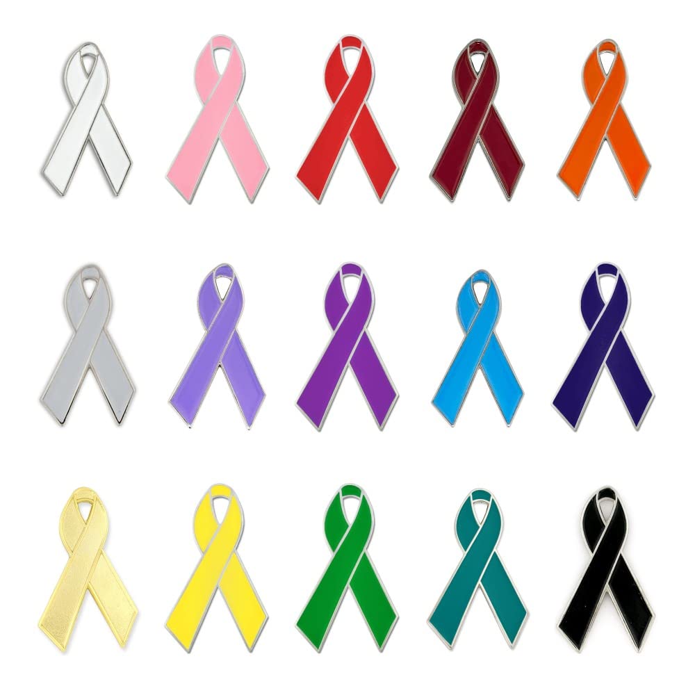 PinMart Anstecknadel aus Emaille, vernickelt, 15-teiliges Bewusstseinsbandnadel-Set, Bewusstseinsband oder Krebsprävention, Schmuckbrosche mit sicherem Kupplungsrücken, 15pc Pin Set, Metall, Kein