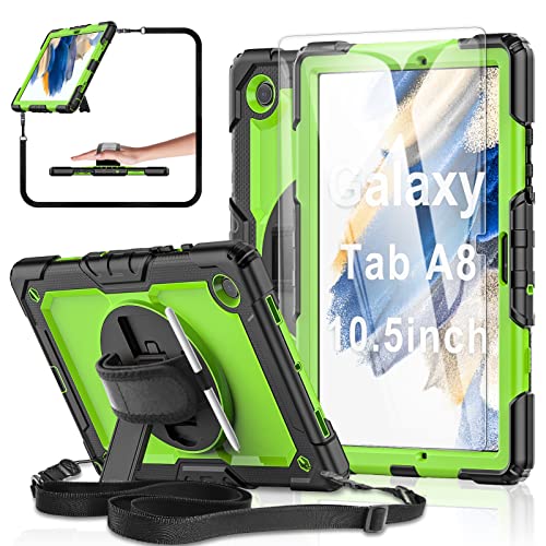 BASE MALL Case for Samsung Galaxy Tab A8 5G Tablet Case 10.5 inch [with Tempered Glass Screen Protector], Rotatable Kickstand, S Pen Holder, Hand/Shoulder Strap (Green)