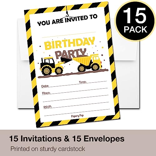 Papery Pop Construction Trucks Birthday Invitations with Envelopes (15 Count) - Kids Birthday Party Invitations for Boys - Tractor - Thumbnail 2