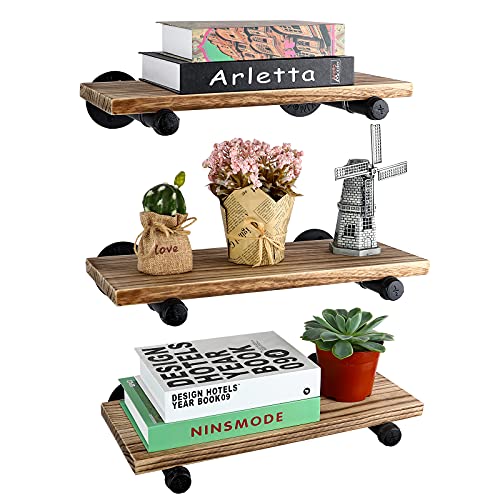 Mante Blong Qtsartisan Floating Shelves With Industrial Pipe Brackets Rustic Set Of 3, Wall Mounted Wood Shelving Storage Home Decor For Living Room Bedroom Bathroom Kitchen Office 3 Tier 17" X 7.1", #TOP17