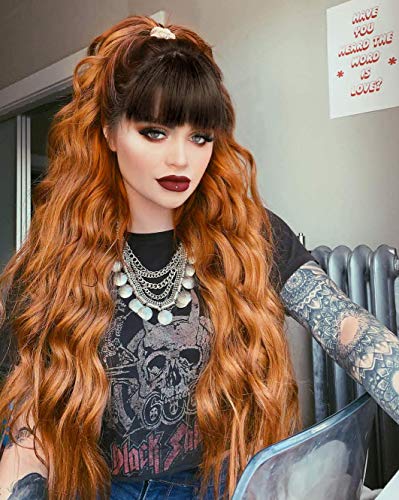 Nnzes Long Wavy Wig with Bangs 28 Inches Orange Wigs for Women Girl's Hair for Cosplay Party Wear Women's Synthetic Heat Resistant Fiber Hair