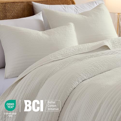 Image of palassio Striped Beige 100% Cotton Quilt Queen Size Bedding Sets, Lightweight Crinkly Channel Pick Stitch Textured Bedspread Soft Shabby Chic Farmhouse Country Coverlet for All Season, 2 Shams