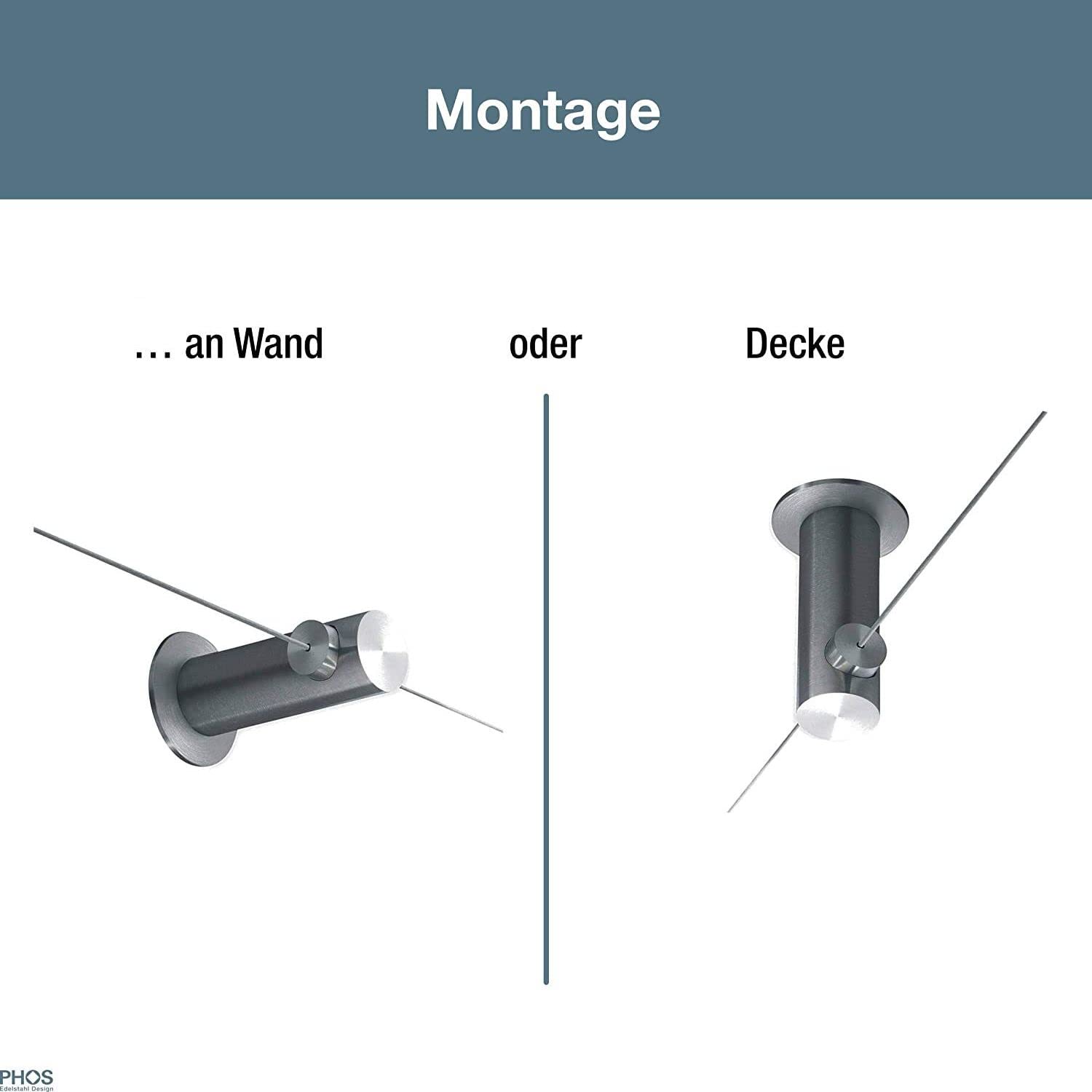 Zwischenträger für Seilspannsysteme, Wandabstand 9,2 cm, Edelstahl gebürstet, Mittelträger Gardinenseil und Vorhangdraht - PHOS Design