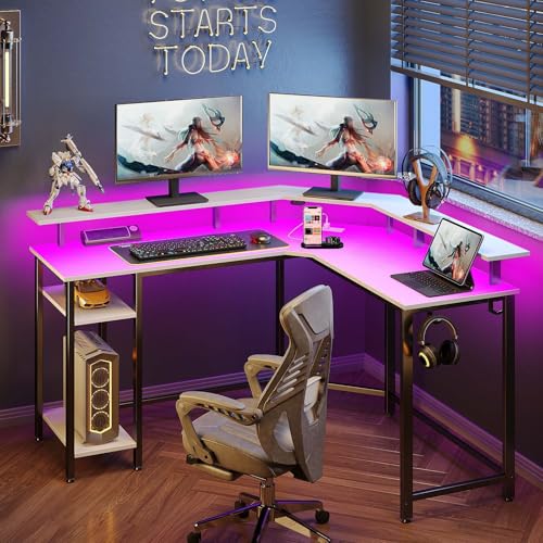 Image of Rolanstar L Shaped Gaming Desk with LED Lights & Power Outlets, 55.1 inch Computer Desk with Full Monitor Stand & Storage Shelf, Corner Desk with Hooks, White Desk Reversible
