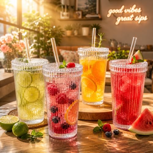 Image of Glass Tumblers with Wooden Lid and Glass Straw, 540ml, Borosilicate Glass, for Coffee, Iced Coffee, Juice and Smoothies, Coffee Mug, Sipper, Glass Tumbler (Transparent - Ribbed Glass)