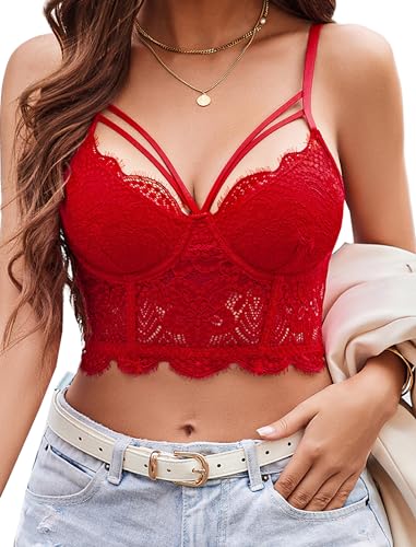 Image of Avidlove Lace Bralette for Women V Neck Camisoles Adjustable Strap Two Layer Crop Top Bustier Tops