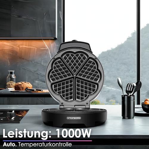 Waffeleisen | 1000 Watt | Waffelautomat für Herzwaffeln | Wafflemaker | Paninigrill | Waffeltoaster | Waffle Maker | Elektrogrill | Cool-Touch-Technologie | Antihaftbeschichtung |