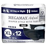 NorthShore MegaMax AirLock Breathable 9-Hour HBL Adult Diapers for Heavy Bladder Leaks, X-Large, 12 Count, Black, 50-60 inches, Tab-Style Incontinence Underwear for Men, Women & Teens