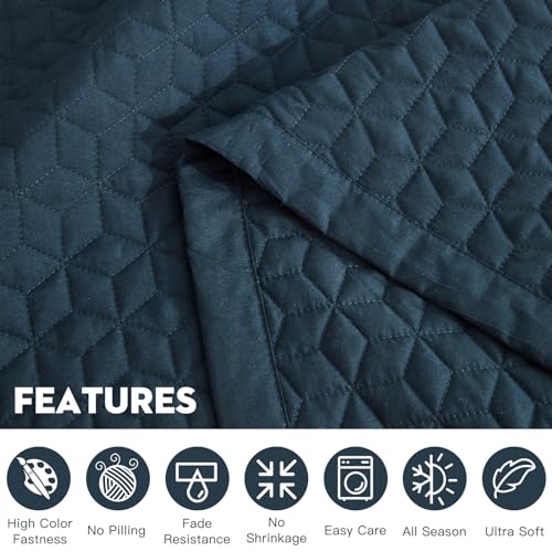 Image of Oversized King Bedspread 128x120 Extra Wide, Diamond Geometric Quilt Set King /Cal King, Lightweight Reversible Coverlet, Straight Edge - Modern Contemporary Look, 5 Piece, Navy