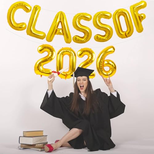 Image of TONIFUL Gold Class of 2026 Graduation Balloon Banners Foil Balloons Decorations 2026 Congrats Grad Balloons for Class of 2026 Congratulation Graduations Party Supplies