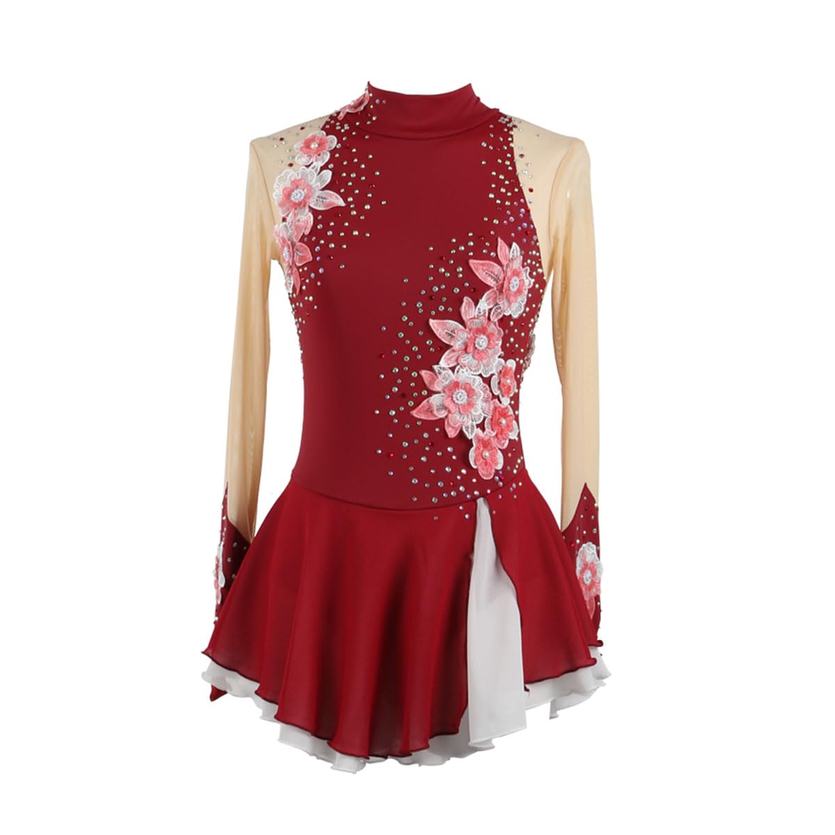 Eiskunstlauf Kleid Mädchen Kürkleid Strass Gymnastik Leotard Ballerina Kleid Latein Tanzkleid Rollkunstlauf Wettbewerb Tanzanzug Eiskunstlauf Zubehör,Wine red,S