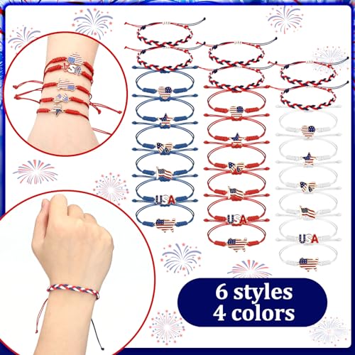 Image of 24 Pcs 4th of July Bracelets Red White and Blue Bracelets Patriotic USA American Flag String Woven Wristband Bulk 4th of July Party Favors for 250th Anniversary Independence Day Parade Supplies
