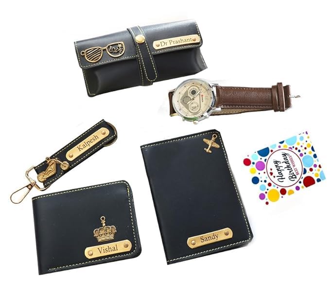 Your Name Customized Leather Passport Holder, Sunglasses Cover and Men's Wallet with Mens Watch and Keychain Gifts - Rakshabandhan Personalized Gifts (Navy-Blue)-image-28