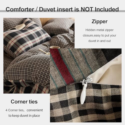 Image of EAVD Vintage Red&Black Gingham Plaid Duvet Cover Queen Soft 100% Cotton Muslin Green Geometric Grid Checkered Bedding Set with 2 Pillowcases Reversible Gingham Duvet Cover with Zipper Closure