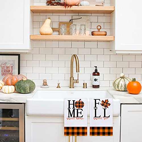 Fall Pumpkin Home Kitchen Dish Towels Set Of 2, Orange Black Buffalo Check Maple Leaves Farmhouse Absorbent Fast Drying Cloth Decorative Tea Towels For Cooking And Baking 18 X 28 Inches #TOP6