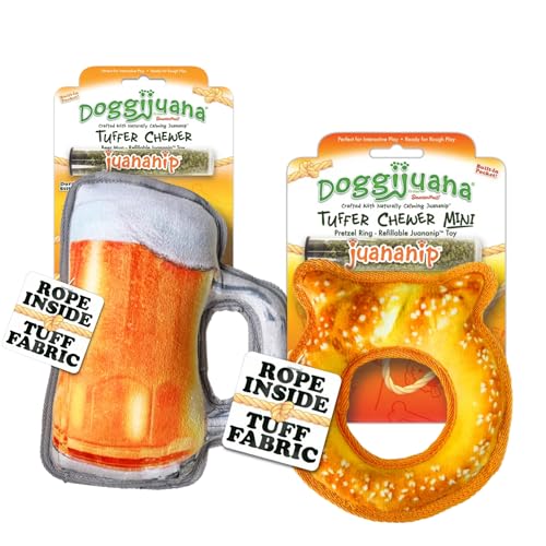 Image of Doggijuana Mini P & Beer Bundle | Squeaky Refillable Plush Toy, 2 Pack | Refillable squeaky plush dog toy + organic calming catnip; eases anxiety, stress & storms; drug-free, hand-harvested