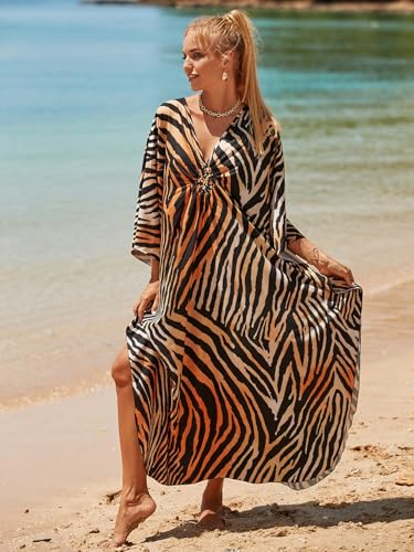 Image of IMAGEKOPE Women's Plus Size Animal Print V-Neck Batwing Kaftan Beach Dress Bathing Suit Cover-Up Loungewear