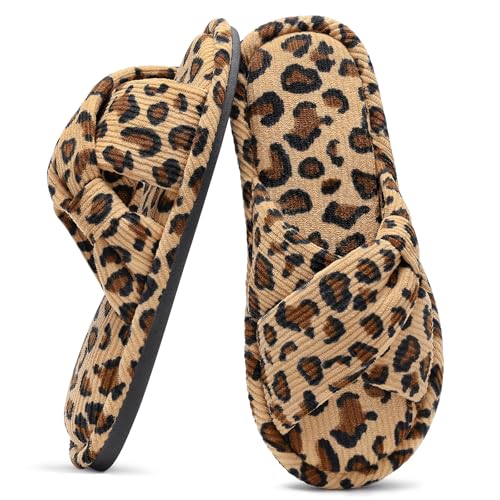 Image of Evshine Summer House Slippers for Women Corduroy Cross Bow Indoor Slippers Open Toe Slip On Bedroom Shoes with Memory Foam