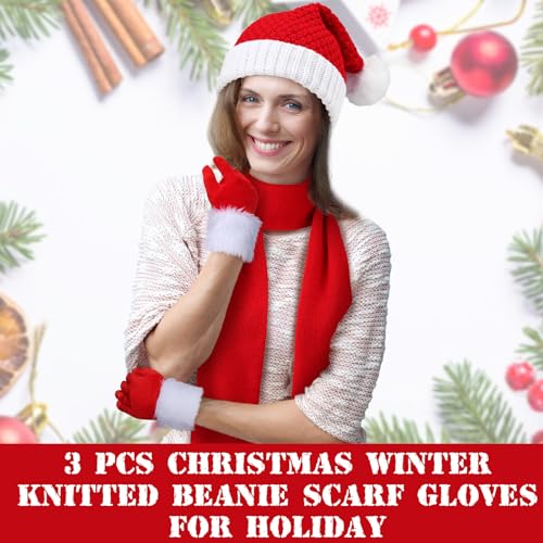 Suhine 3 Pcs Christmas Scarf Hat Gloves Set Winter Knitted Elf Hat Santa Scarf for Party Christmas Party Gifts3